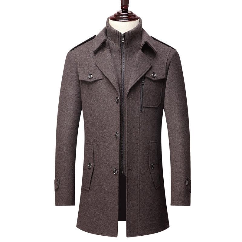 Men's Coffee Color Business Wool Coat Winter Double Collar Jacket