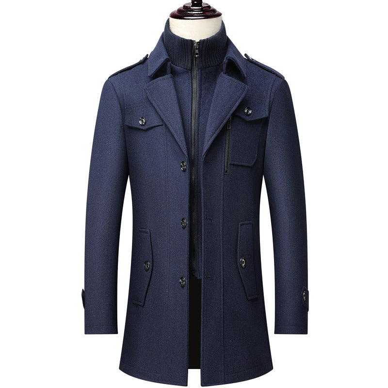 Men's Navy Blue Business Wool Coat Winter Double Collar Jacket