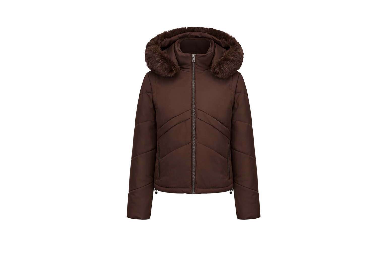 Short Autumn and Winter Brown puffer With Soft Fur On Hood