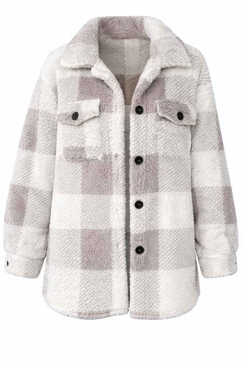 Soft winter jacket with cozy plush interior for warmth and buttons ups color grandma gray 