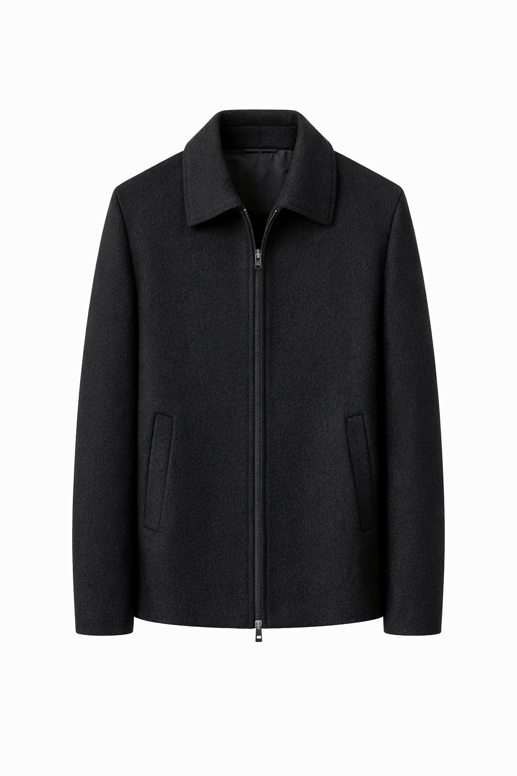 Mens Black Wool Coat With Long Regular Sleeves With A Collard Neck With Zipper And Wide Pockets 