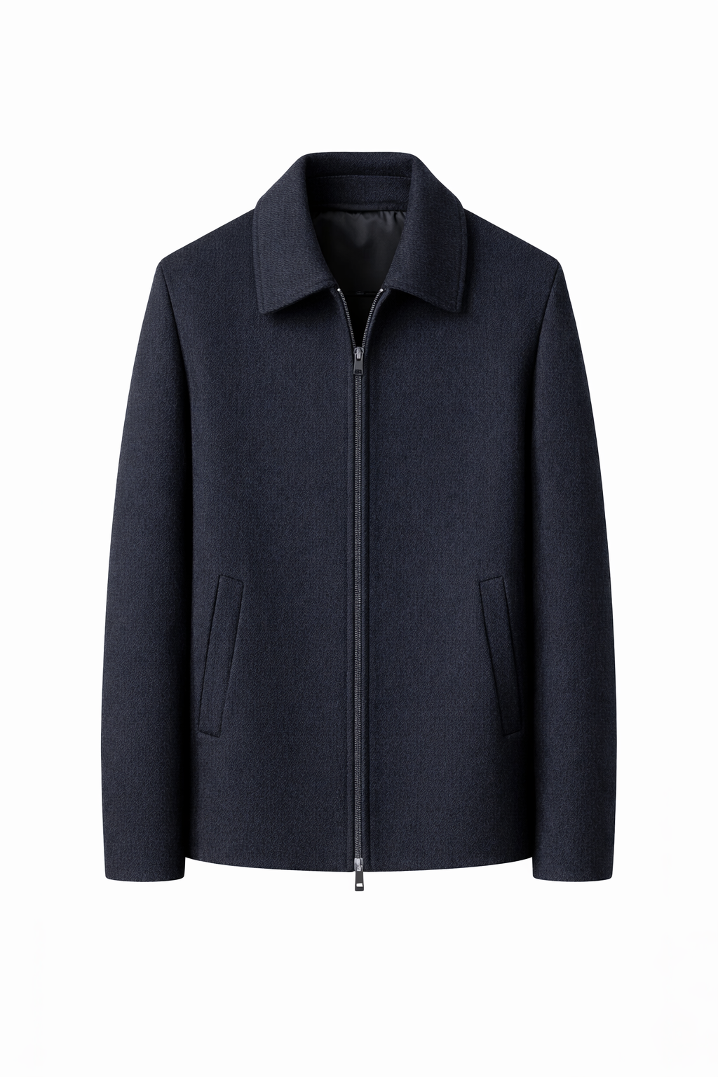 Mens Navy Blue Wool Coat With Long Regular Sleeves With A Collard Neck With Zipper And Wide Pockets 