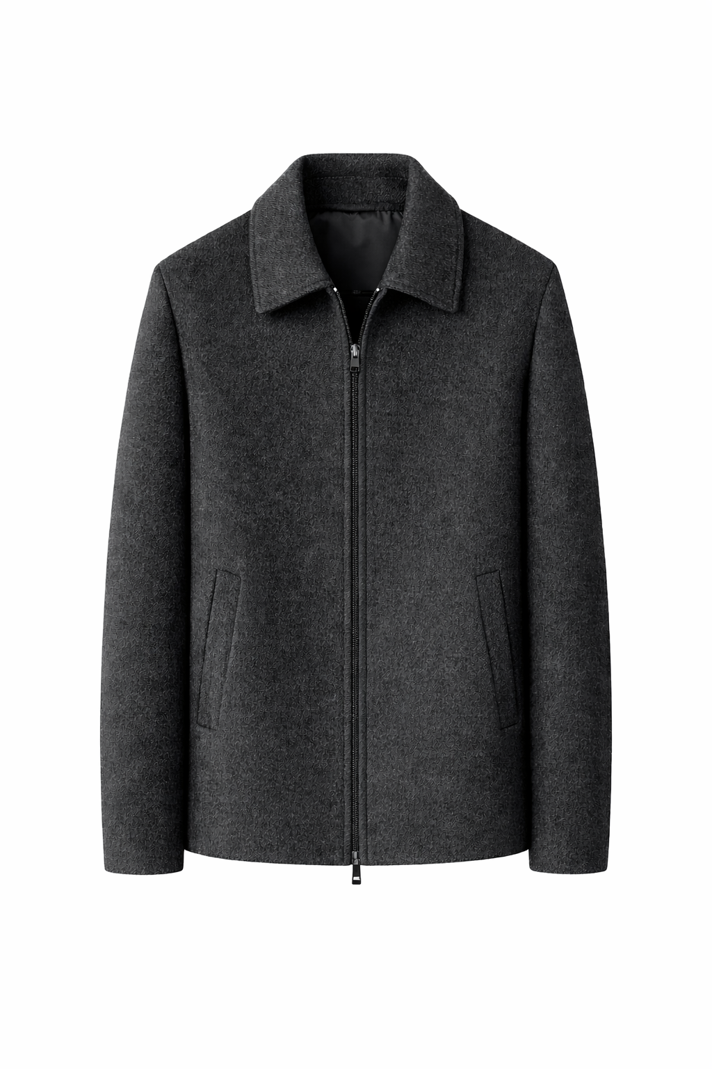 Mens Dark Gray Wool Coat With Long Regular Sleeves With A Collard Neck With Zipper And Wide Pockets 