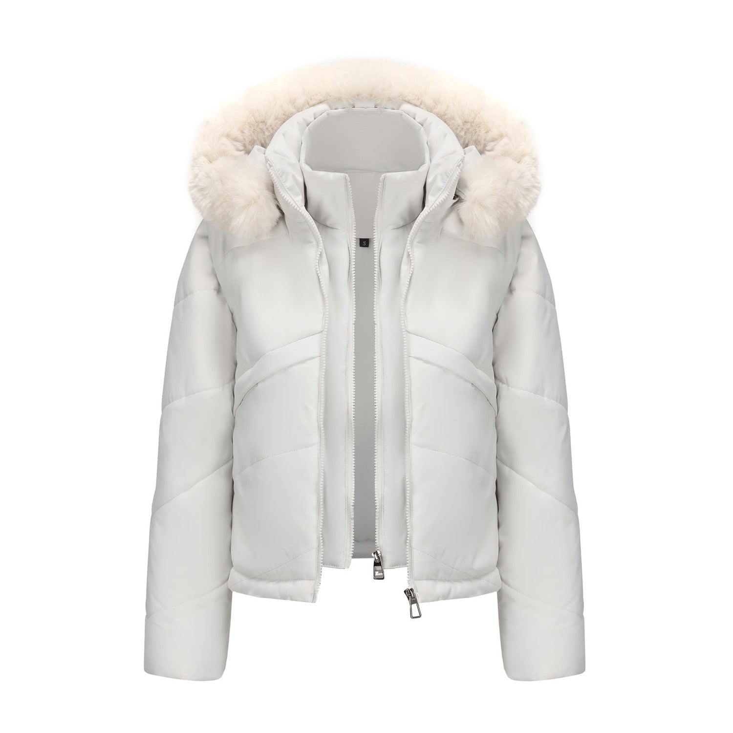 Short Autumn and Winter White Gray puffer With Soft Fur On Hood