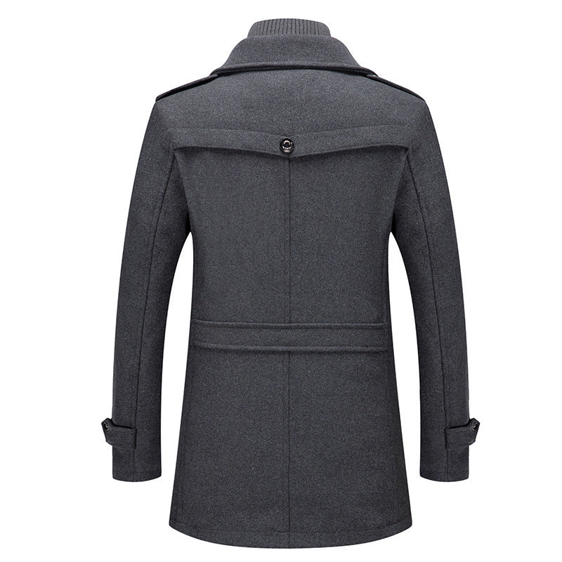 Men's Back Side Of Dark Gray  Business Wool Coat Winter Double Collar Jacket