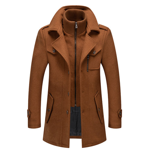 Men's Camel Color Business Wool Coat Winter Double Collar Jacket
