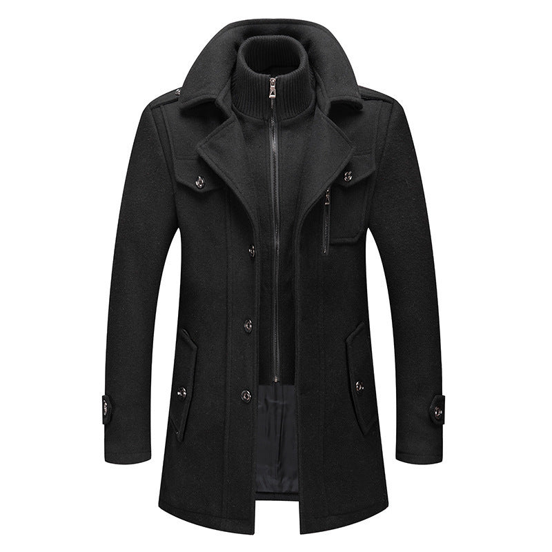 Men's black  Business Wool Coat Winter Double Collar Jacket black 